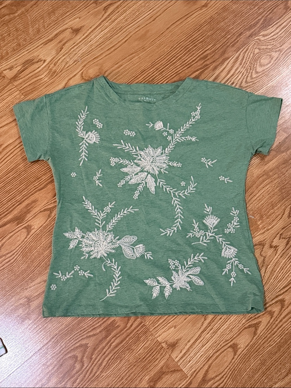 Talbots Green Tee with White Floral Embroidery